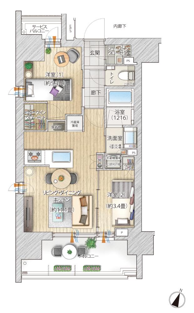 ルフォンリブレ板橋本町の間取り図　A：2LDK+WIC+SIC