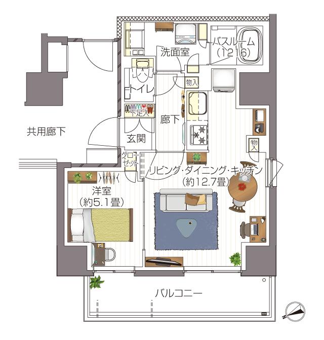 グランドパレス船橋ミッドガーデンの間取り図　H：1LDK