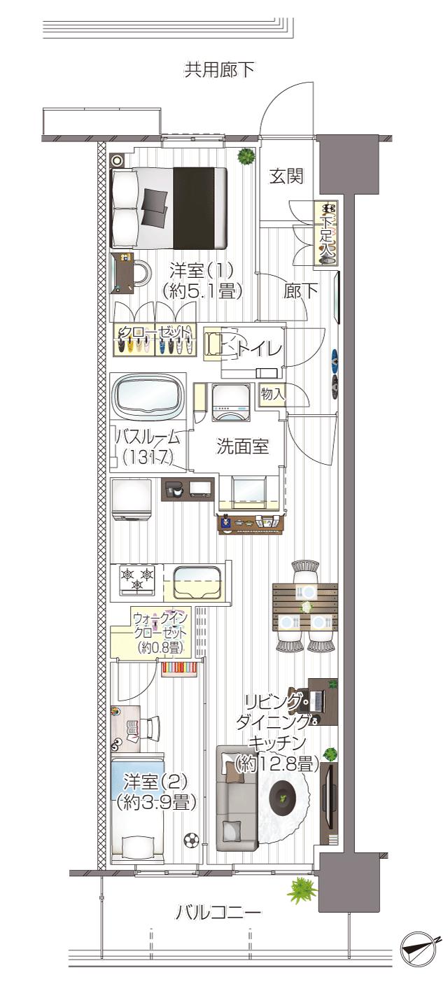 グランドパレス船橋ミッドガーデンの間取り図　C：2LDK+WIC