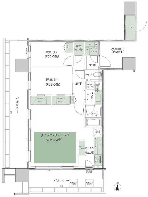 シティタワー綾瀬の間取り図　E1_LD拡大：2LDK+N(納戸)+2WIC(ウォークインクロゼット)+SIC(シューズインクロゼット)