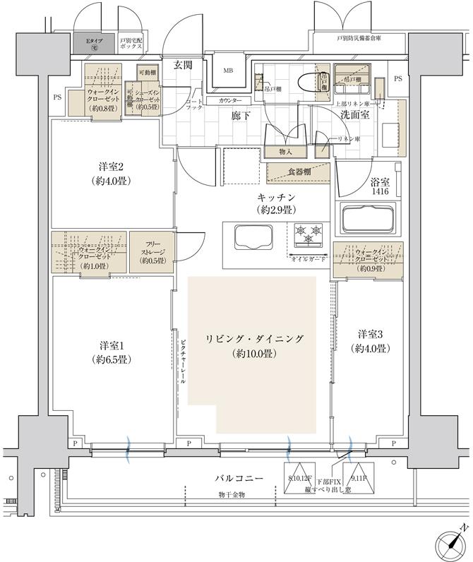 ザ・パークワンズ 日本橋人形町の間取り図　F：3LDK+3WIC+SIC+FS