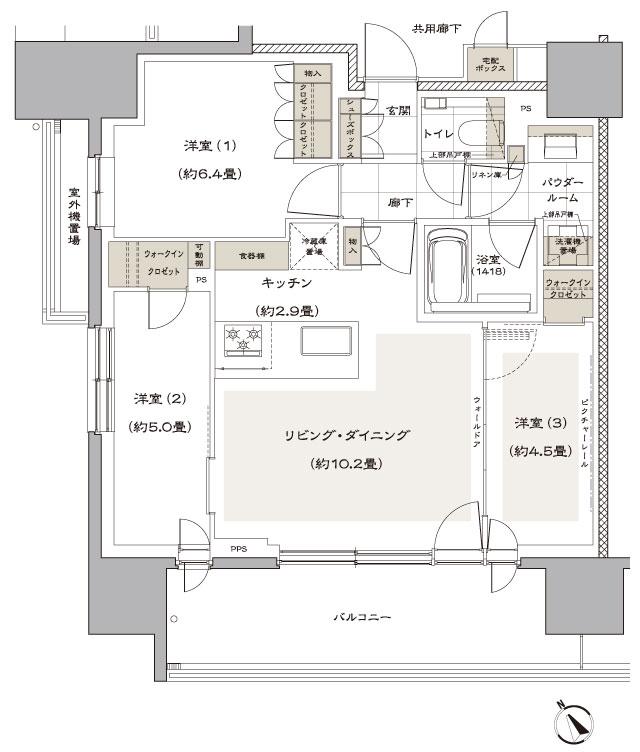 ヴィークハウス目黒の間取り図　A：3LDK+2WIC