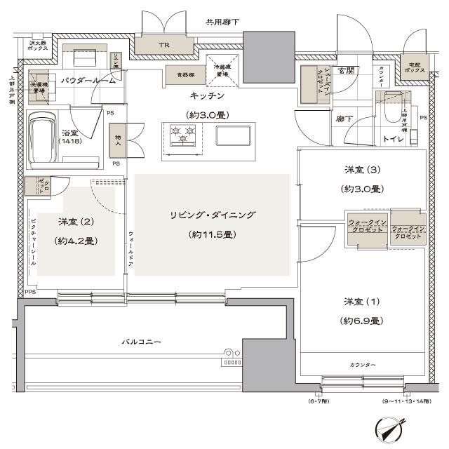 ヴィークハウス目黒の間取り図　C2：3LDK+2WIC+SIC