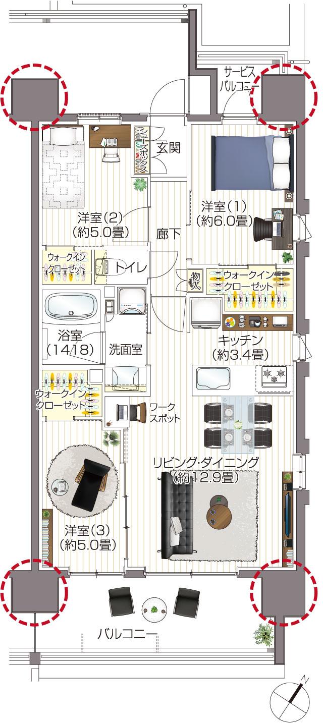 CHIBA STORIES PROJECTの間取り図　D：3LDK+3WIC
