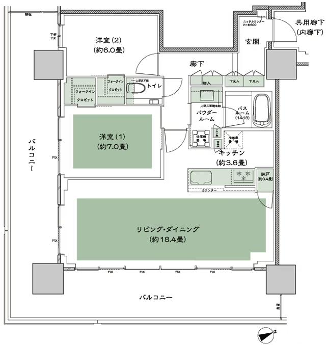 グランドシティタワー池袋の間取り図　S-80A-LD拡大：2LDK+N(納戸)+WIC(ウォークインクロゼット)