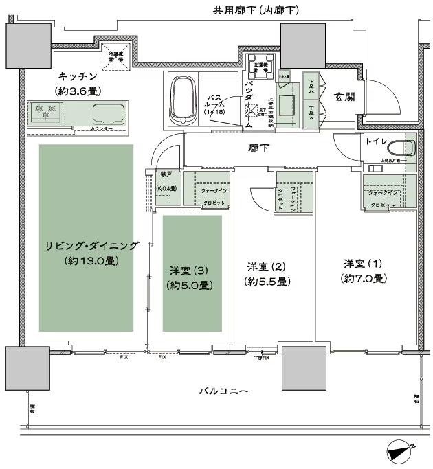 グランドシティタワー池袋の間取り図　SE-75A：3LDK+N(納戸)+3WIC(ウォークインクロゼット)