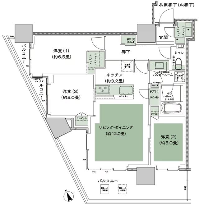 グランドシティタワー池袋の間取り図　W-70A：3LDK+2N(納戸)+WIC(ウォークインクロゼット)+SIC(シューズインクロゼット)