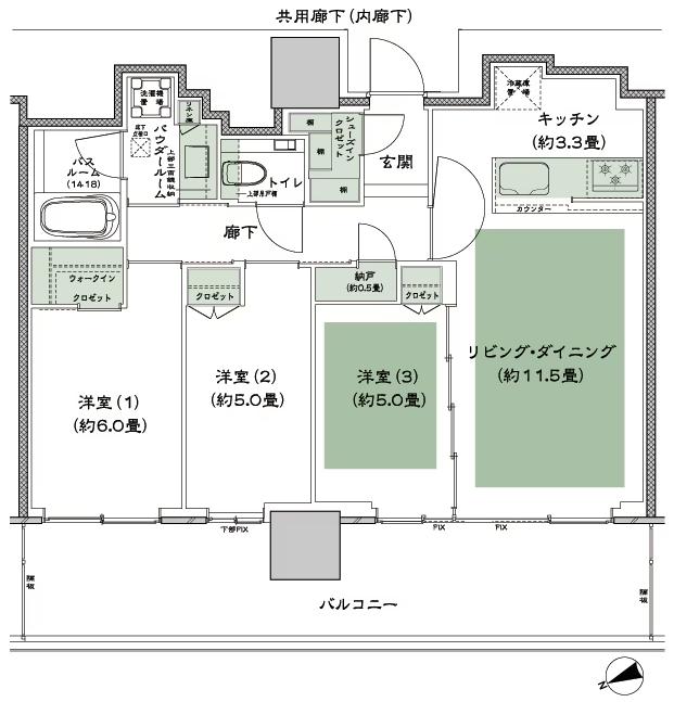 グランドシティタワー池袋の間取り図　NW-70F：3LDK+N(納戸)+WIC(ウォークインクロゼット)+SIC(シューズインクロゼット)