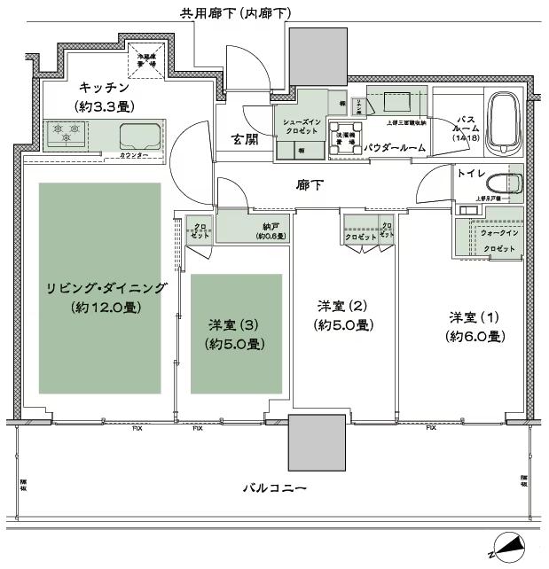 グランドシティタワー池袋の間取り図　NW-70E：3LDK+N(納戸)+WIC(ウォークインクロゼット)+SIC(シューズインクロゼット)