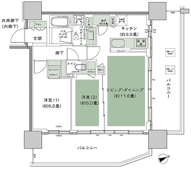 グランドシティタワー池袋の間取り図　E-60C：2LDK+N(納戸)+WIC(ウォークインクロゼット)