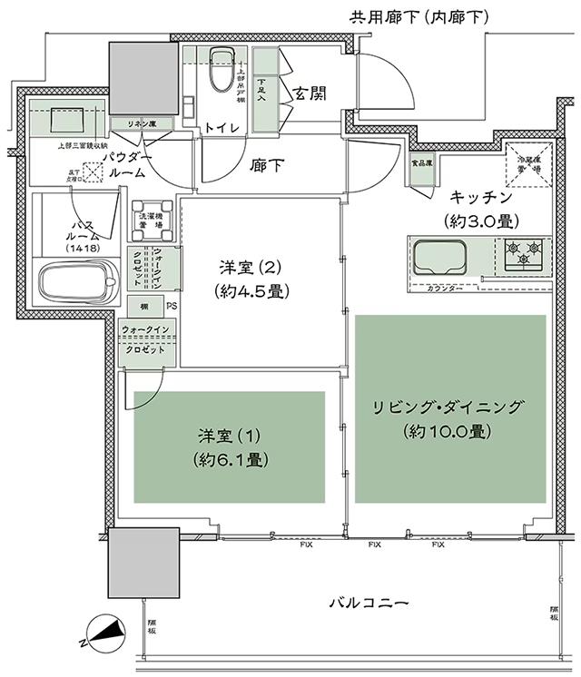 グランドシティタワー池袋の間取り図　NW-55I：2LDK+2WIC(ウォークインクロゼット)