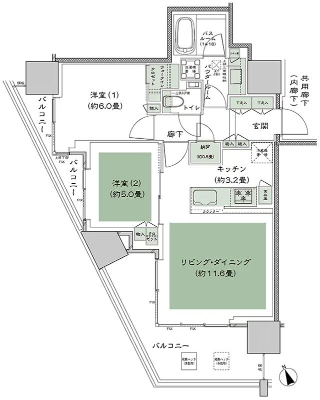 グランドシティタワー池袋の間取り図　W-60A：2LDK+N(納戸)+WIC(ウォークインクロゼット)
