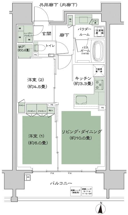 シティハウス湯島ステーションコートの間取り図　B2：2LDK+N(納戸)+SIC(シューズインクロゼット)