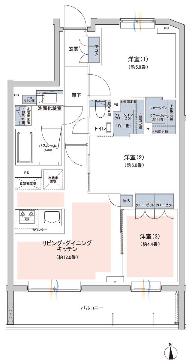 ウィルローズ光が丘の間取り図　E：3LDK+2WIC