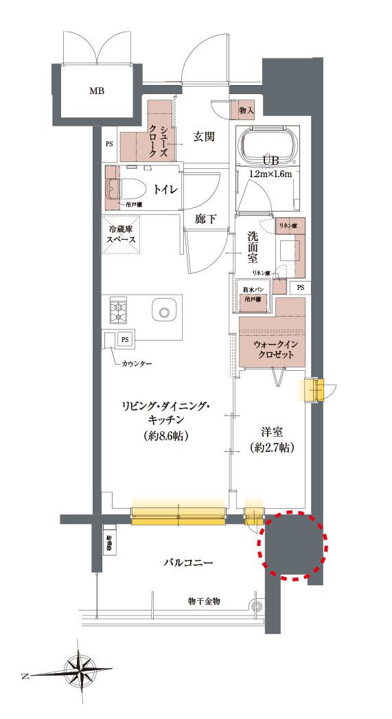 ソルティア千葉セントラルの間取り図　C：1LDK+ウォークインクロゼット+シューズクローク