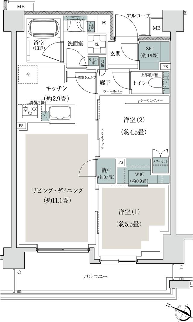 リーフィアレジデンス相模大野スタイルスイートの間取り図　G：2LDK+WIC+N+SIC