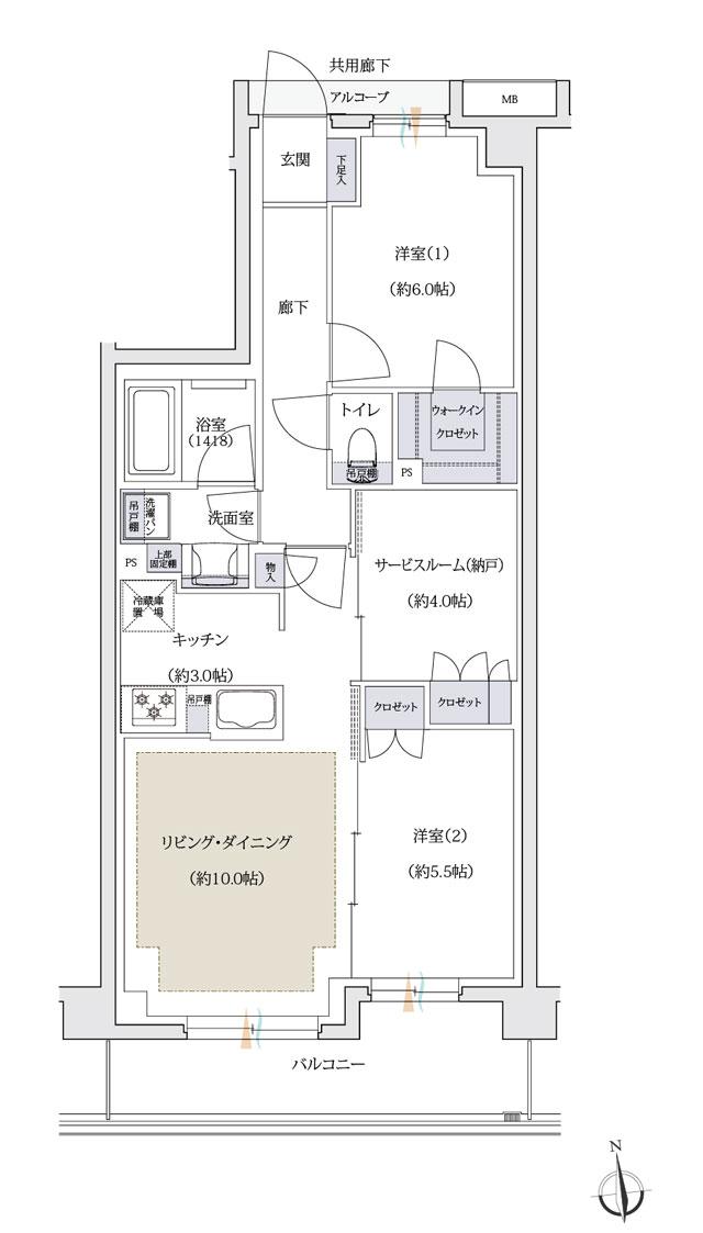 ジェイグラン葛西の間取り図　F：2LDK+S+WIC