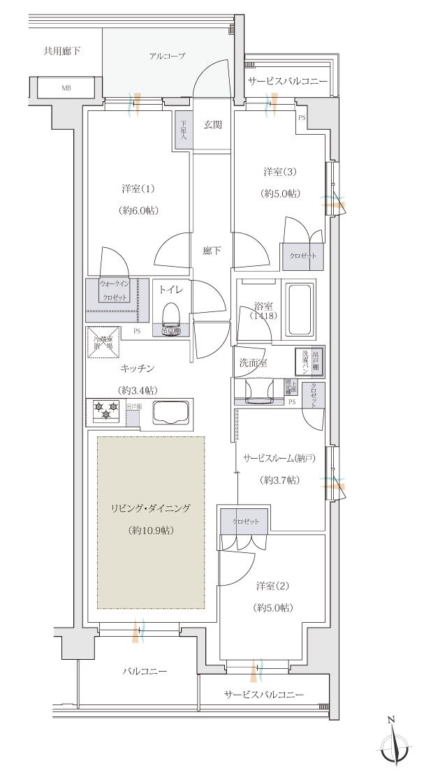 ジェイグラン葛西の間取り図　G：3LDK+S+WIC