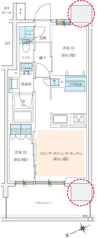 イニシア千住大橋ステーションフロント　Active wing・Bright wingの間取り図　A-B：2LDK+SC