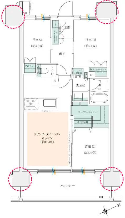 イニシア千住大橋ステーションフロント　Active wing・Bright wingの間取り図　B-B：3LDK