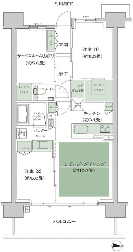 シティテラス府中の間取り図　A1'b：2LDK+S(サービスルーム[納戸])+N(納戸)+2WIC(ウォークインクロゼット)