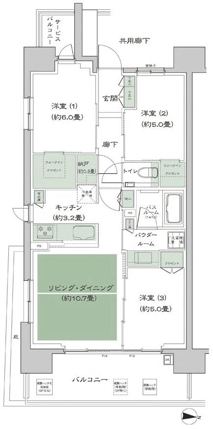 シティテラス府中の間取り図　A2：3LDK+N(納戸)+2WIC(ウォークインクロゼット)