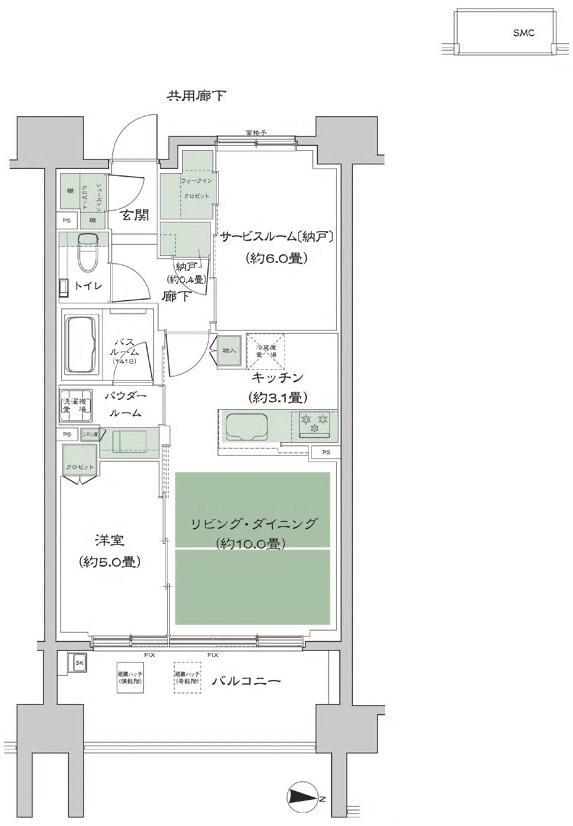 シティテラス府中の間取り図　B'a：1LDK+S(サービスルーム[納戸])+N(納戸)+WIC(ウォークインクロゼット)+SIC(シューズインクロゼット)