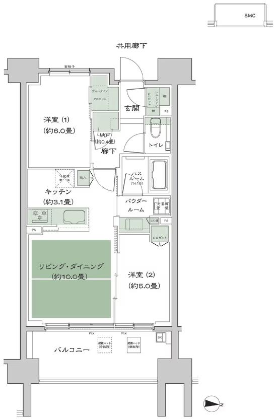 シティテラス府中の間取り図　B：2LDK+N(納戸)+WIC(ウォークインクロゼット)+SIC(シューズインクロゼット)