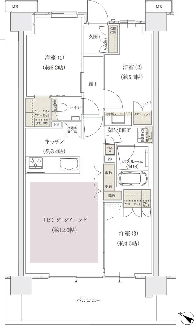 アトラス北赤羽の間取り図　D：3LDK+WIC