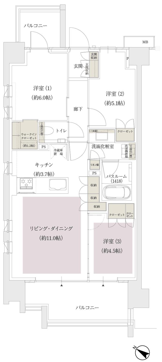 アトラス北赤羽の間取り図　A：3LDK+WIC