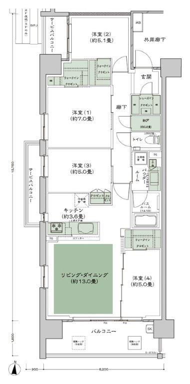 シティハウス小金井公園の間取り図　C-90B：4LDK+N+3WIC+SIC