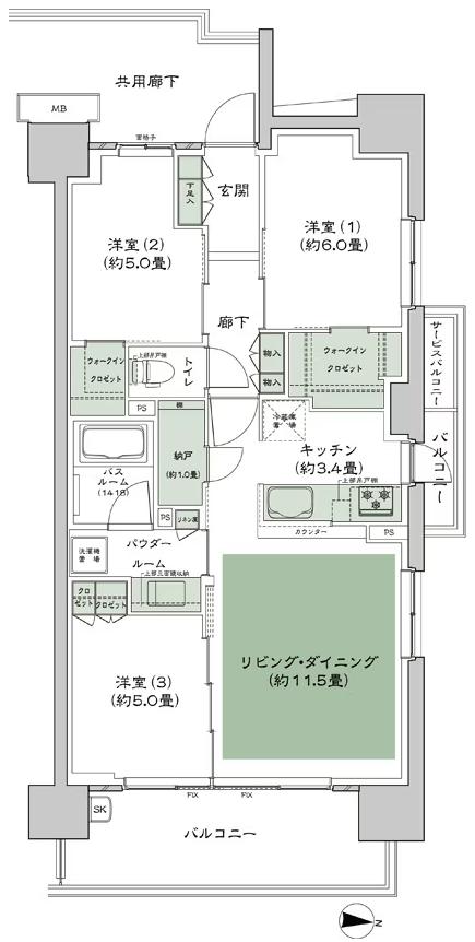 シティハウス小金井公園の間取り図　D-70C：3LDK+N+2WIC