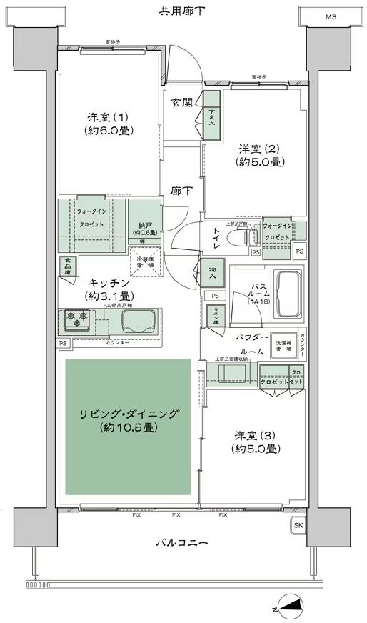 シティハウス小金井公園の間取り図　A-70D：3LDK+N+2WIC
