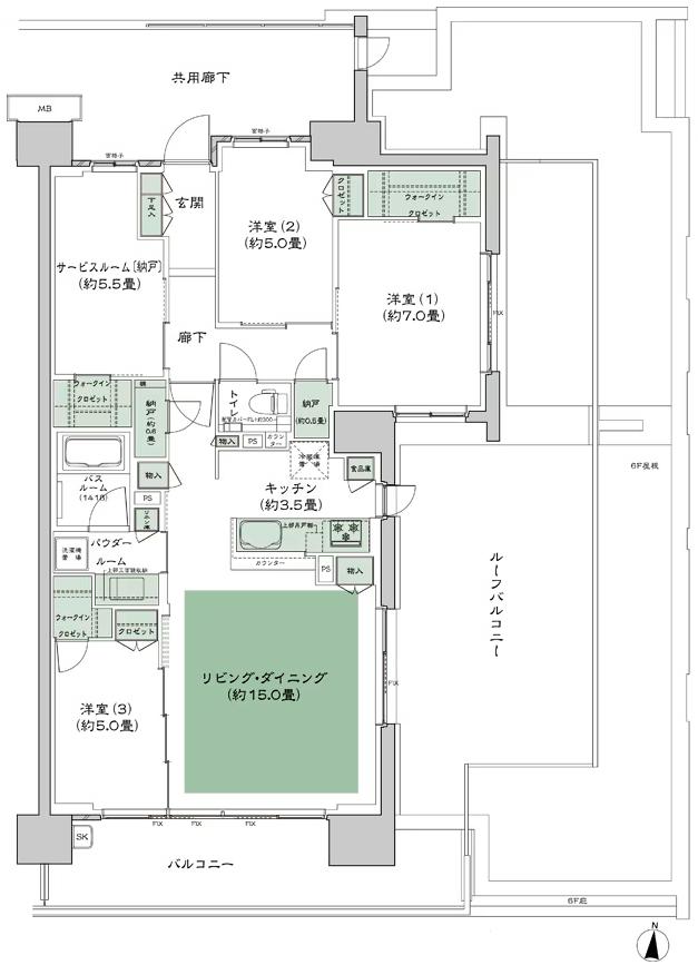 シティハウス小金井公園の間取り図　H-95E1rs：3LDK+S+2N+3WIC