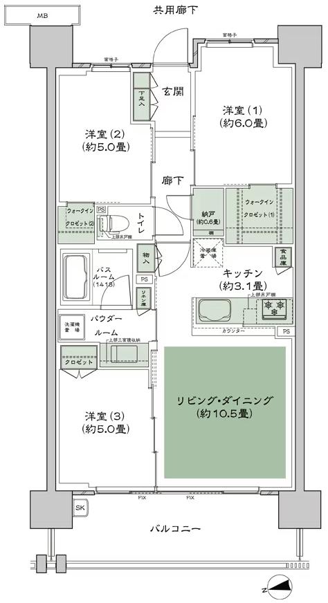 シティハウス小金井公園の間取り図　A-70C4：3LDK+N+2WIC