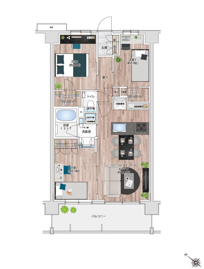プレシス西八王子リバーサイドの間取り図　D：3LDK+2WIC