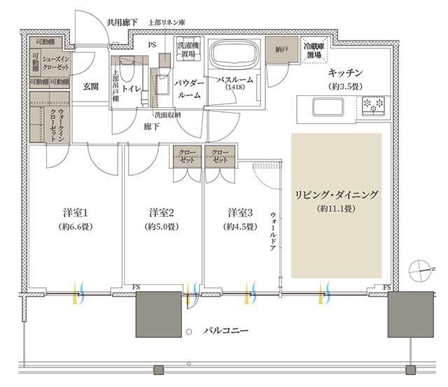 プレミストタワー船橋の間取り図　65E-1：3LDK+N+WIC+SIC
