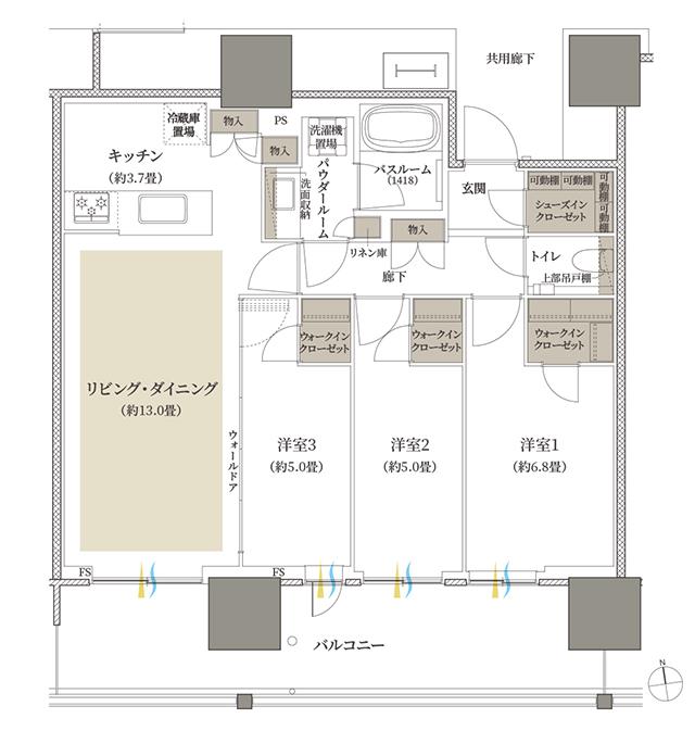 プレミストタワー船橋の間取り図　75C：3LDK+3WIC+SIC
