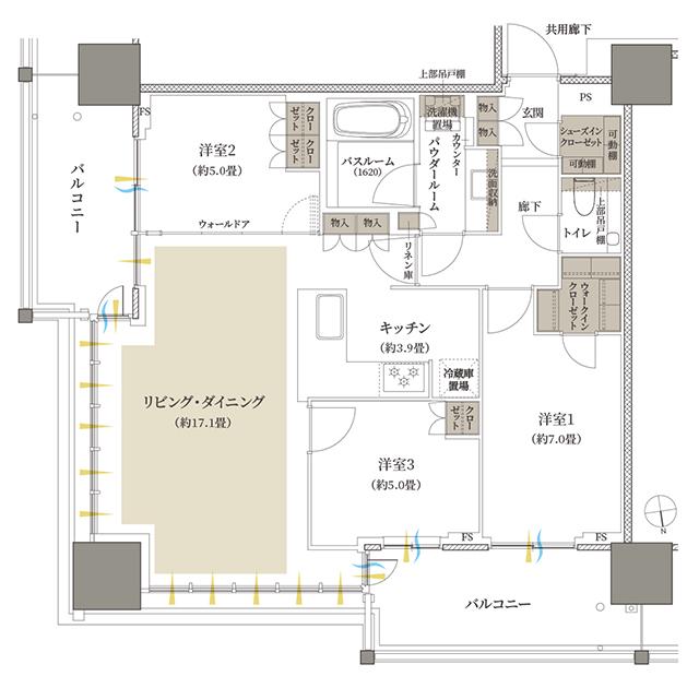 プレミストタワー船橋の間取り図　80F：3LDK+WIC+SIC
