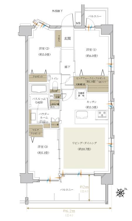 ヴェレーナ松戸レジデンスの間取り図　K：3LDK+BW