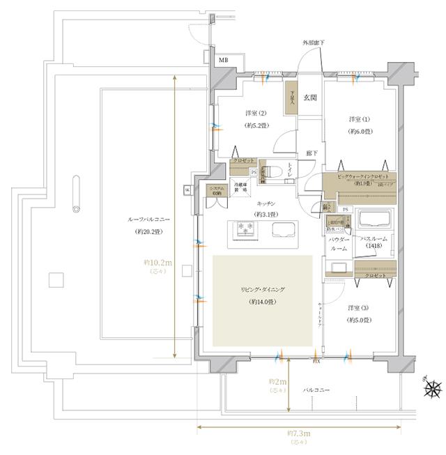 ヴェレーナ松戸レジデンスの間取り図　Lr：3LDK+R+BW