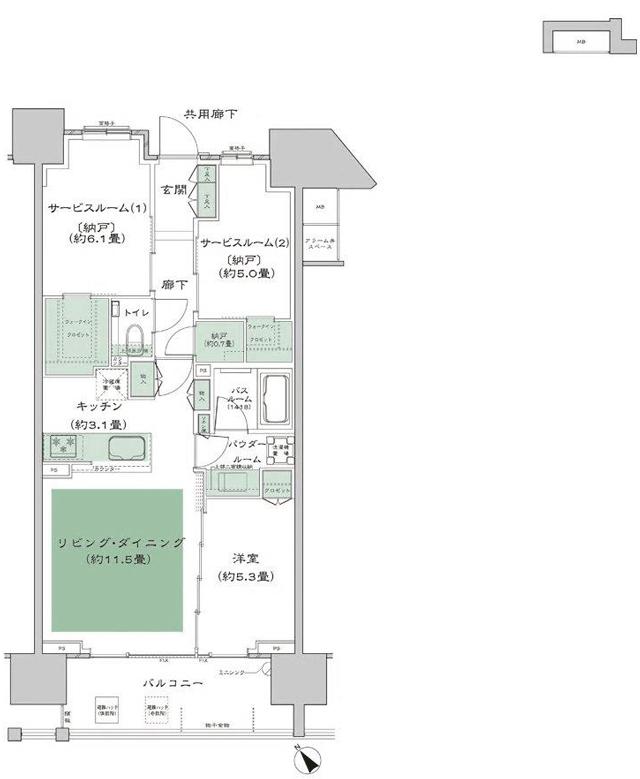 シティハウス武蔵野の間取り図　F：1LDK+2S(サービスルーム[納戸])+N(納戸)+2WIC(ウォークインクロゼット)