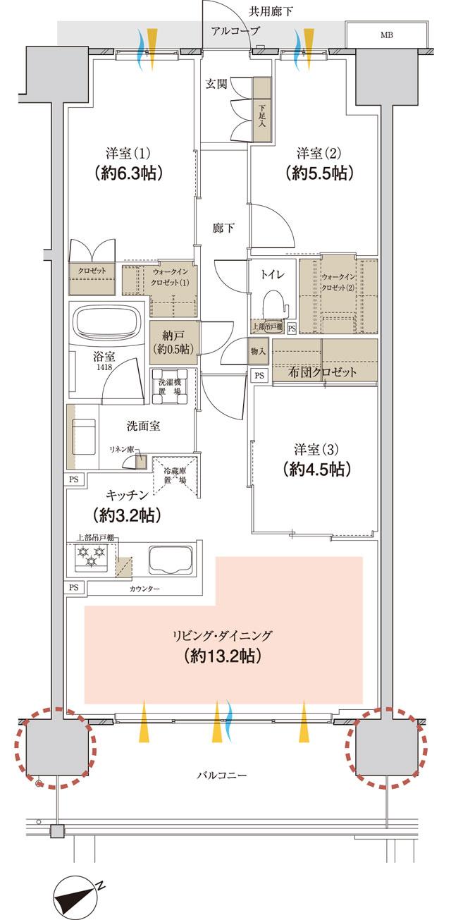 パークナード日立の間取り図　F：3LDK+N+2WIC