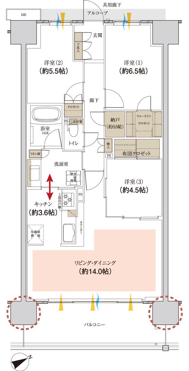 パークナード日立の間取り図　B：3LDK
