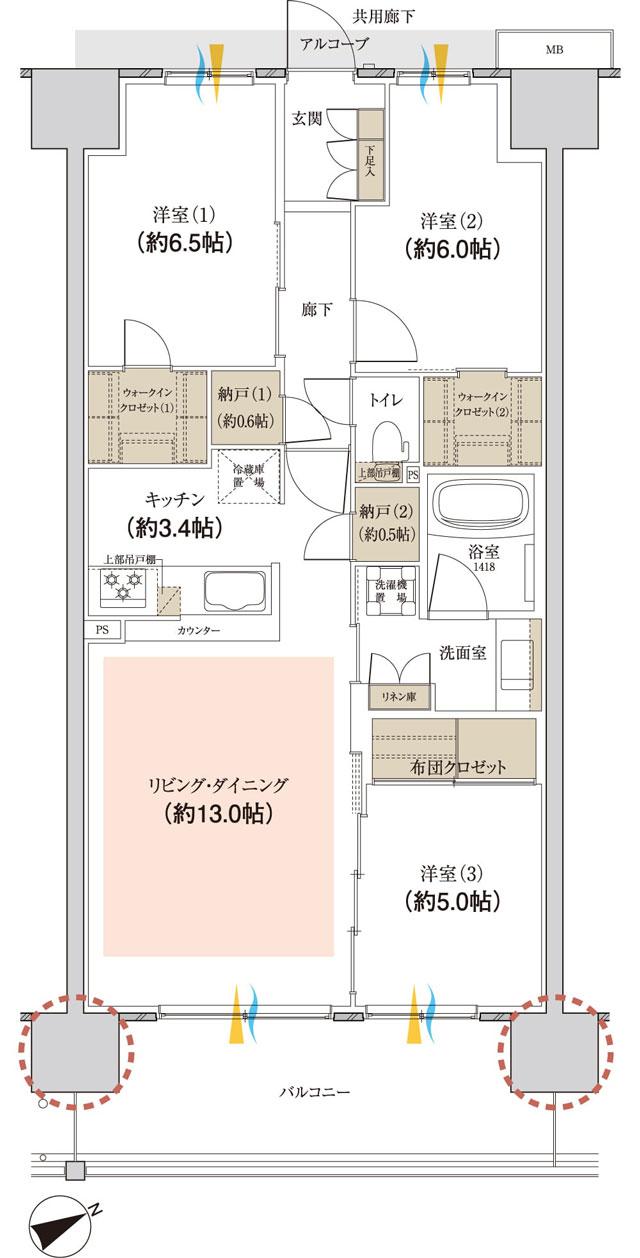パークナード日立の間取り図　C：3LDK