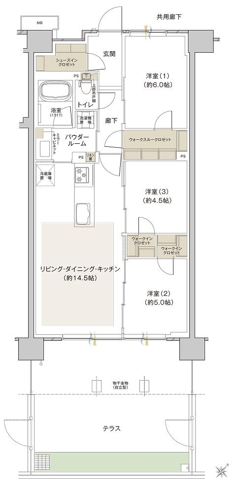 ファインシティ横濱鶴見(ルキンテラス)の間取り図　N3t：3LDK+WTC+2WIC+SIC