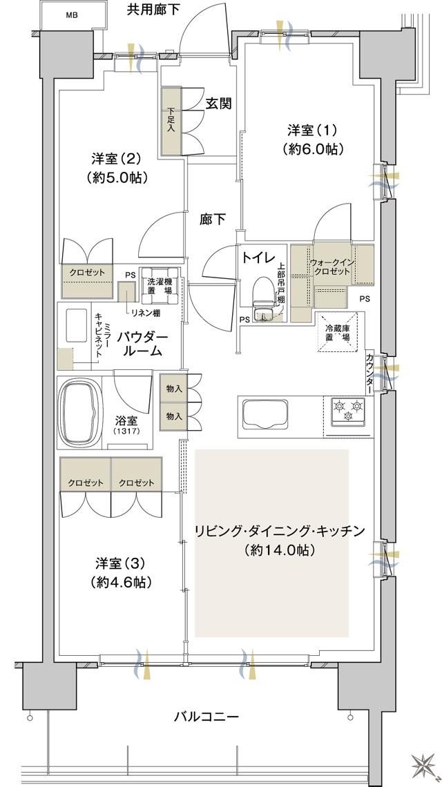 ファインシティ横濱鶴見(ルキンテラス)の間取り図　J：3LDK+WIC