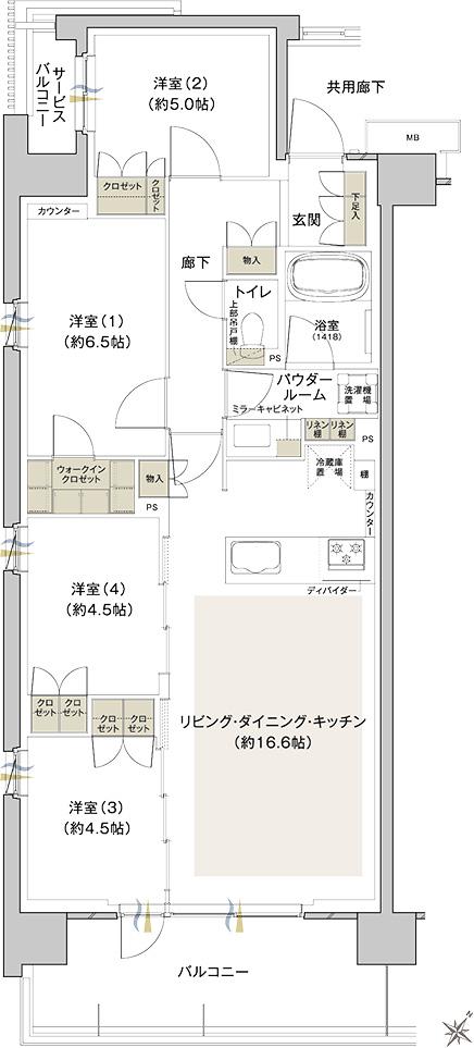 ファインシティ横濱鶴見(ルキンテラス)の間取り図　A：4LDK+WIC
