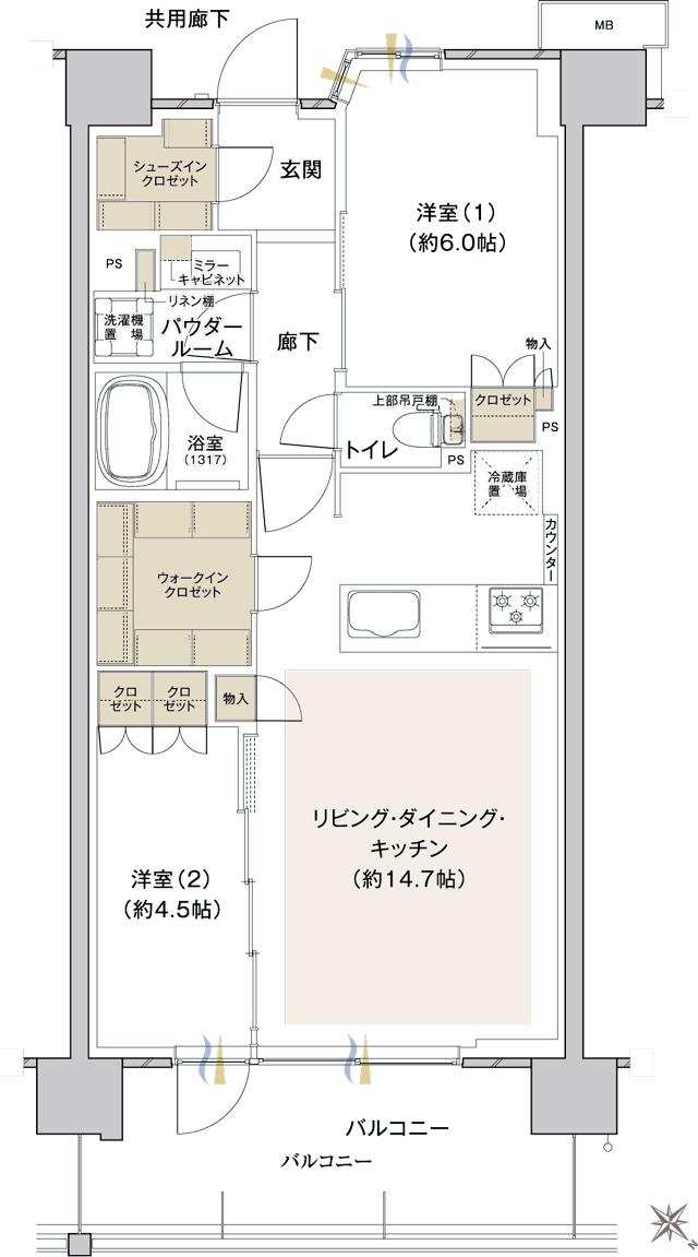 ファインシティ横濱鶴見(ルキンテラス)の間取り図　H：2LDK+WIC+SIC