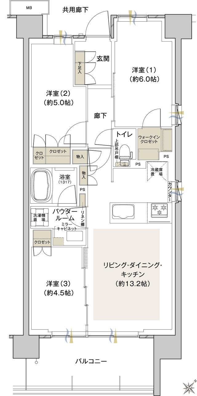 ファインシティ横濱鶴見(ルキンテラス)の間取り図　P：3LDK+WIC